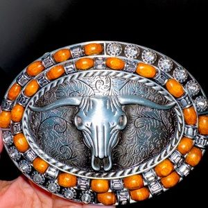 Bull Belt Buckle With Wood & Rhinestones